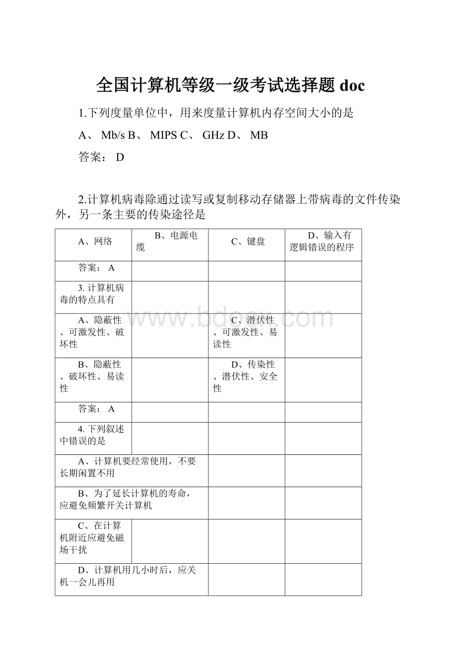 全国计算机等级一级考试选择题doc.docx