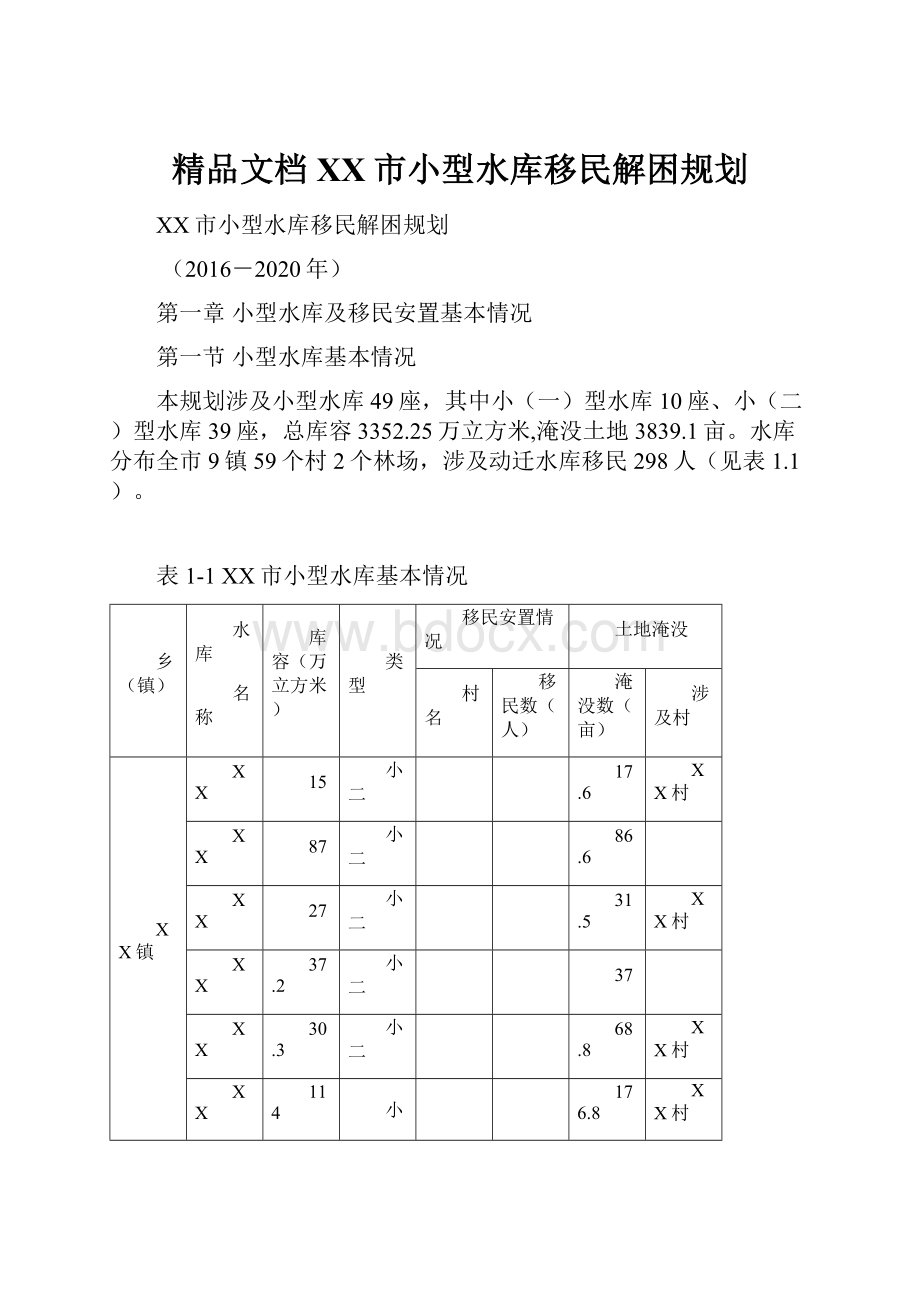 精品文档XX市小型水库移民解困规划.docx_第1页