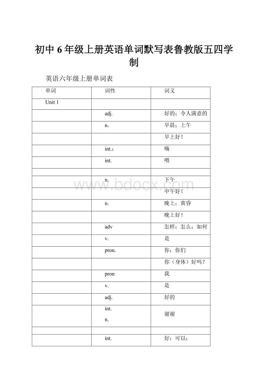 初中6年级上册英语单词默写表鲁教版五四学制.docx_第1页