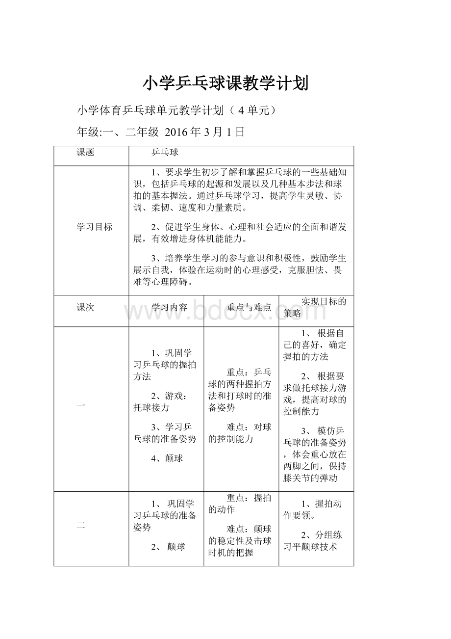 小学乒乓球课教学计划.docx_第1页