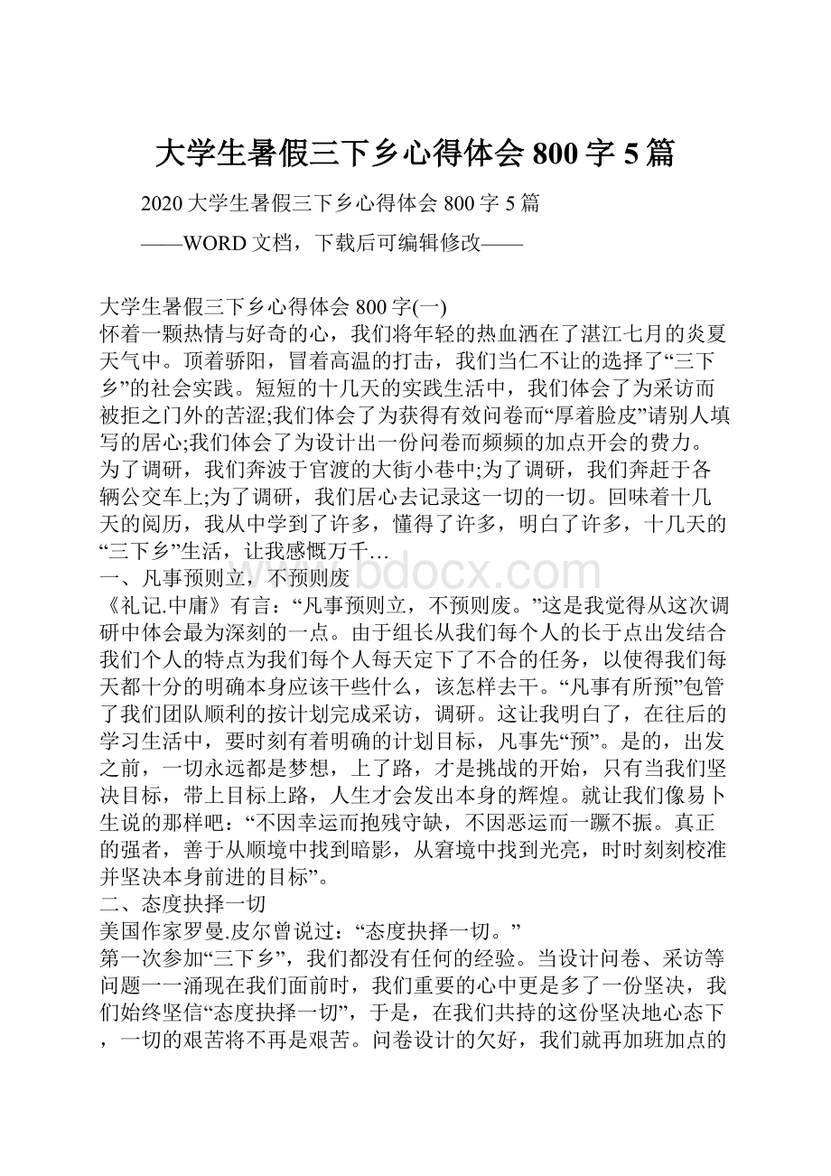 大学生暑假三下乡心得体会800字5篇.docx