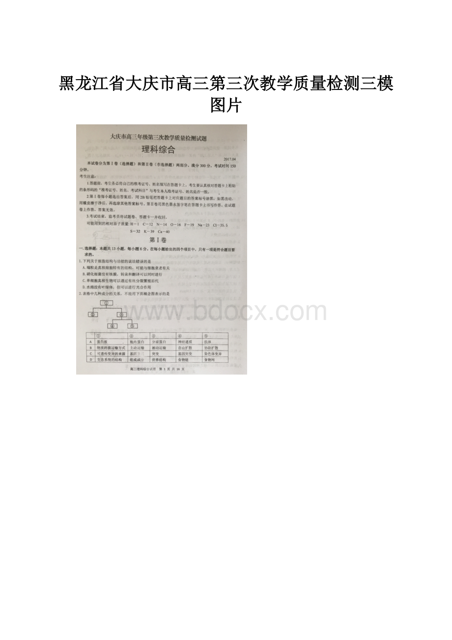 黑龙江省大庆市高三第三次教学质量检测三模图片.docx