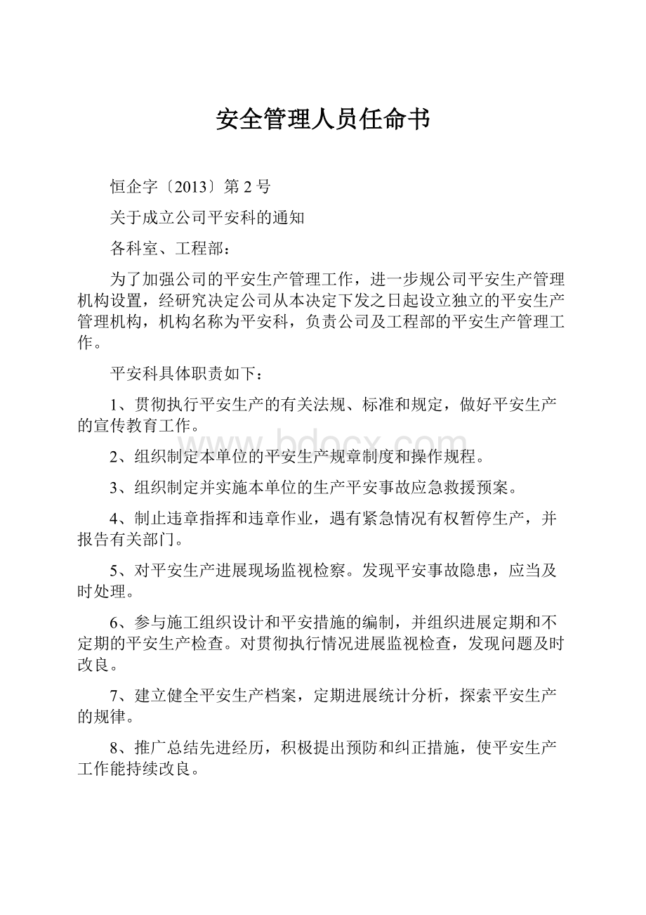 安全管理人员任命书.docx_第1页