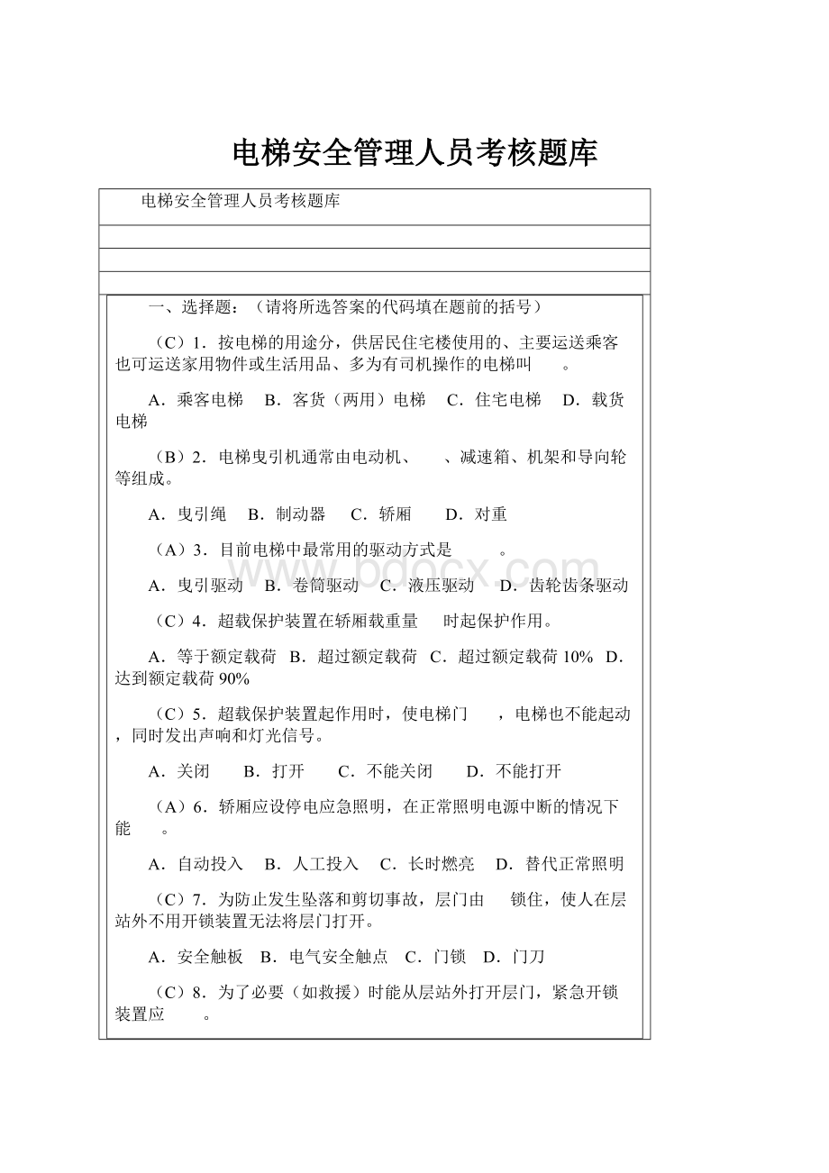 电梯安全管理人员考核题库.docx