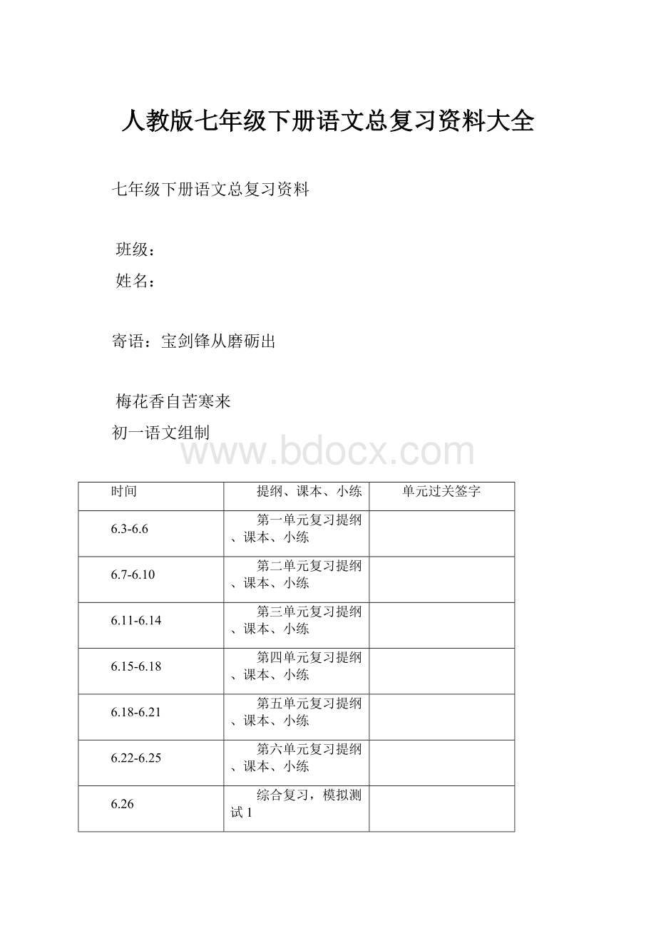 人教版七年级下册语文总复习资料大全.docx