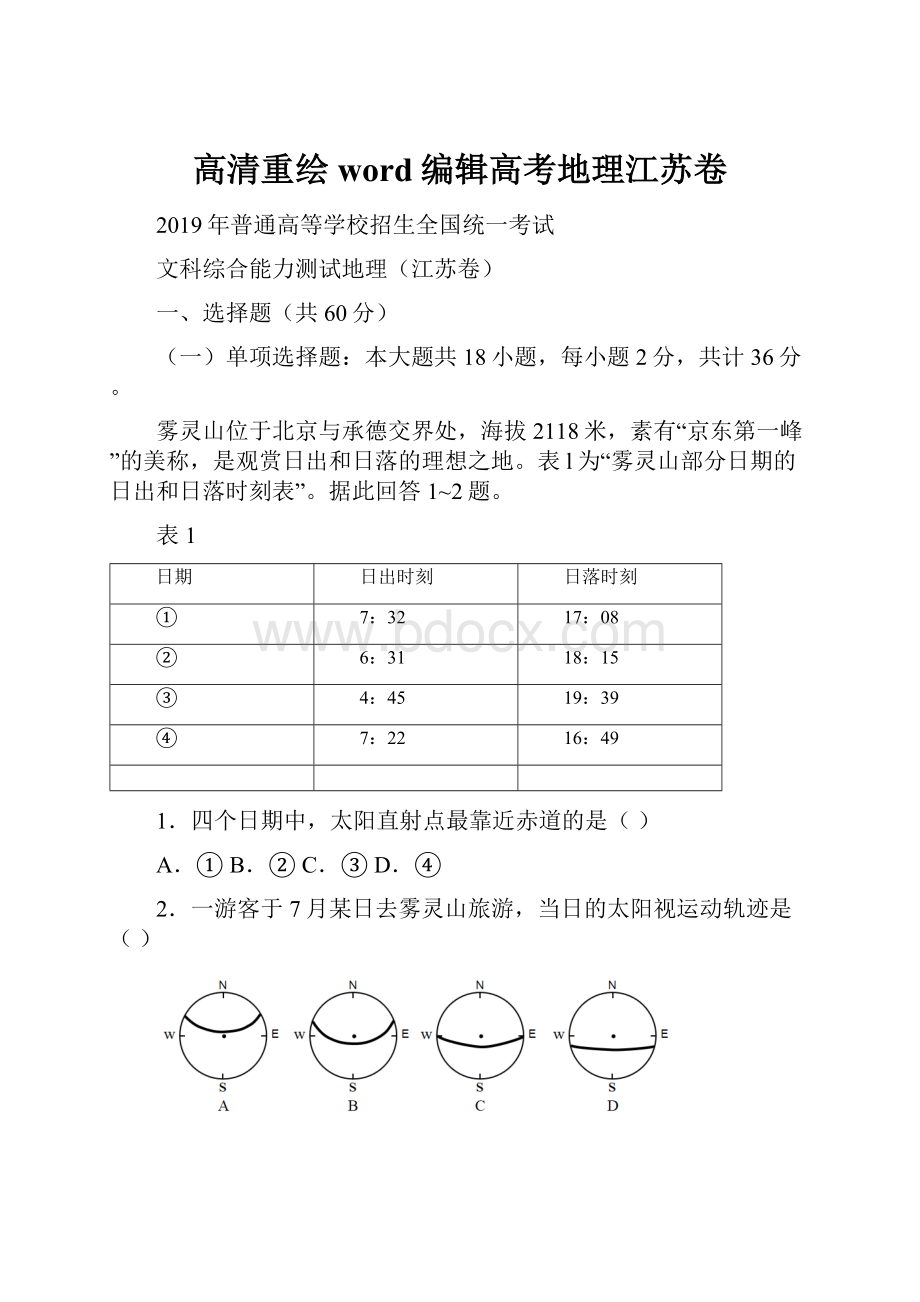 高清重绘word编辑高考地理江苏卷.docx_第1页