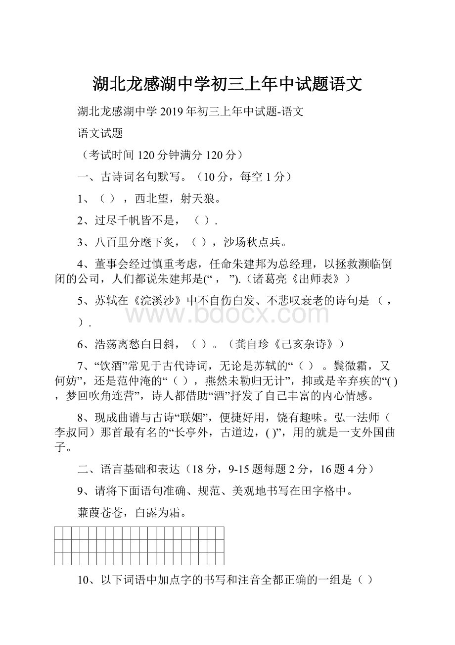 湖北龙感湖中学初三上年中试题语文.docx