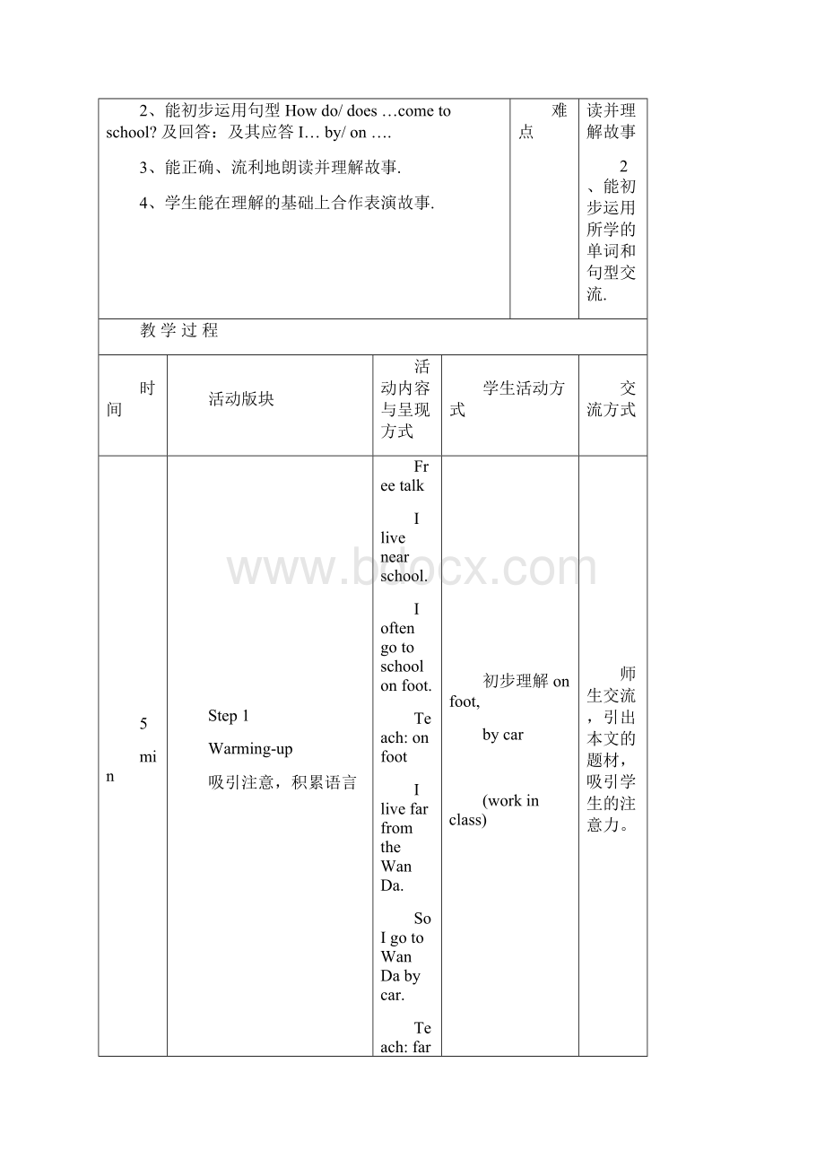 译林版英语五年级下册Unit2 How do you come to school四课时交往互动式教学设计表格式.docx_第3页