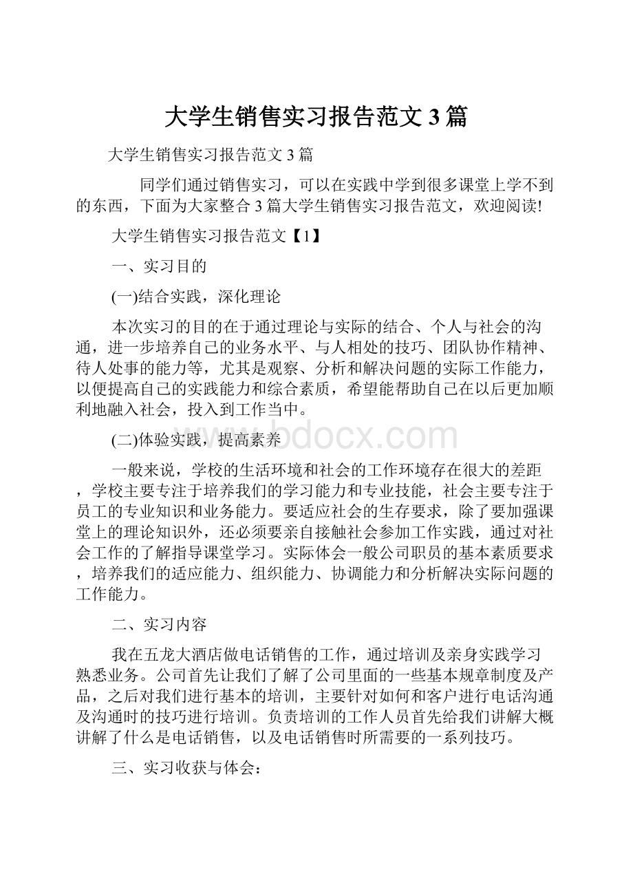 大学生销售实习报告范文3篇.docx