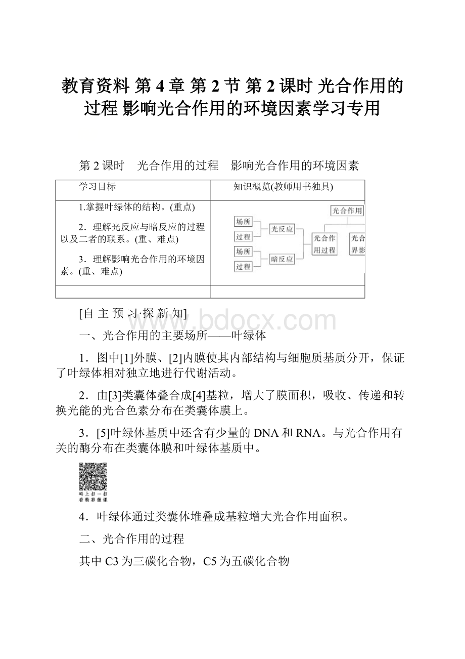 教育资料 第4章 第2节 第2课时 光合作用的过程 影响光合作用的环境因素学习专用.docx_第1页