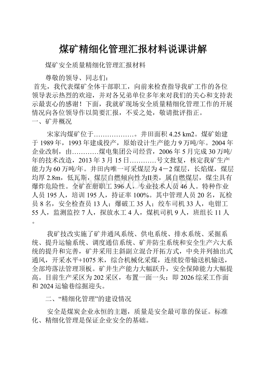 煤矿精细化管理汇报材料说课讲解.docx