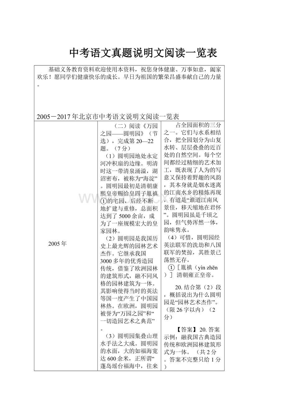 中考语文真题说明文阅读一览表.docx