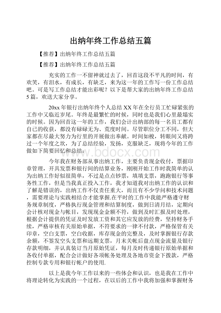 出纳年终工作总结五篇.docx_第1页