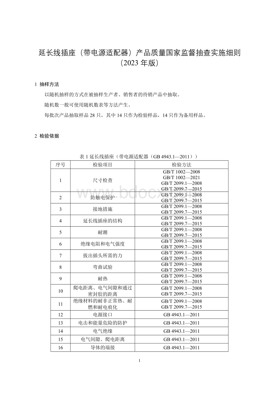 75 延长线插座（带电源适配器）产品质量国家监督抽查实施细则（2023年版）.doc