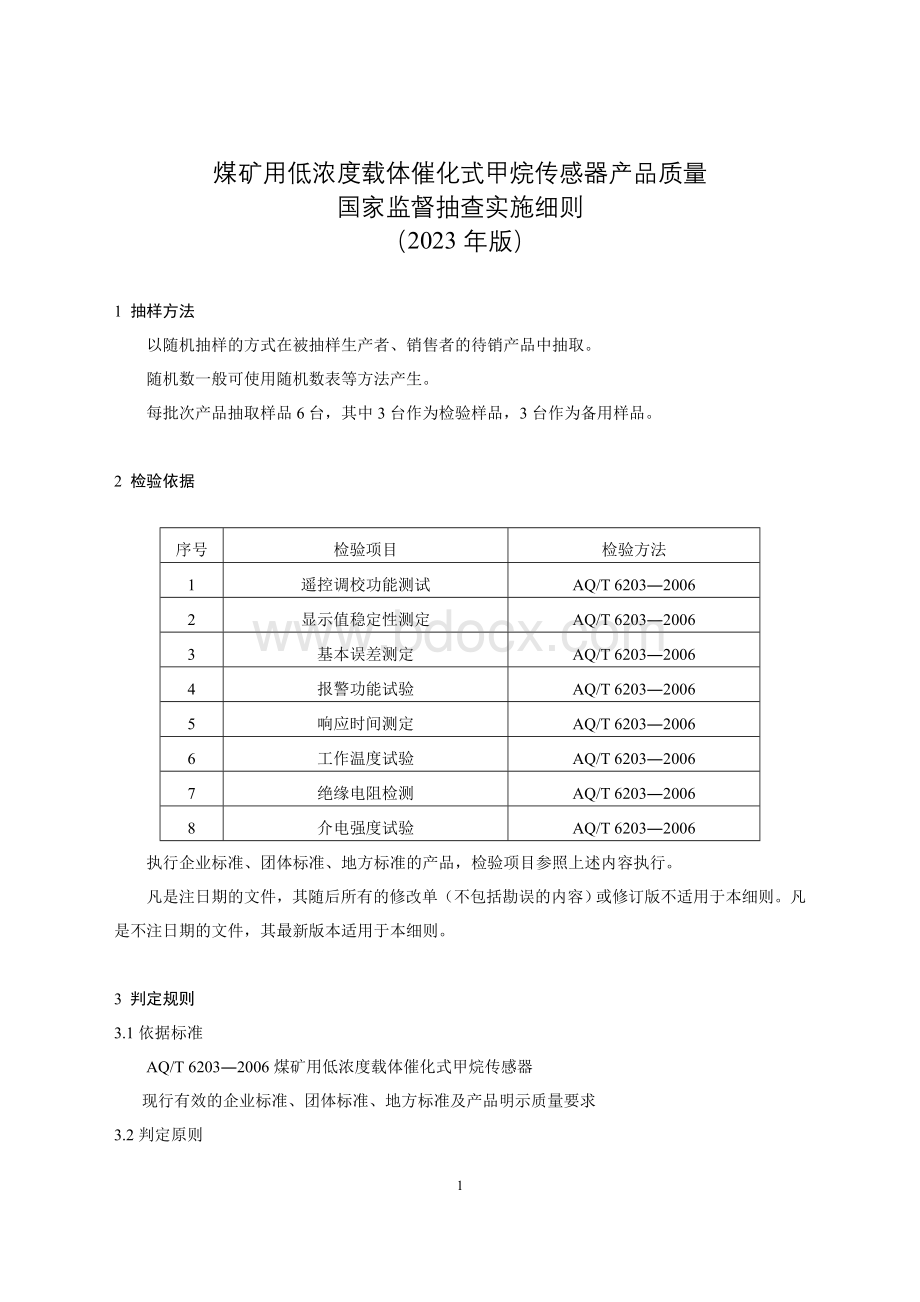 70 煤矿用低浓度载体催化式甲烷传感器产品质量国家监督抽查实施细则（2023年版）.doc