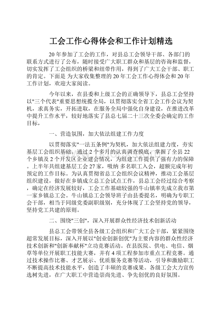 工会工作心得体会和工作计划精选.docx_第1页