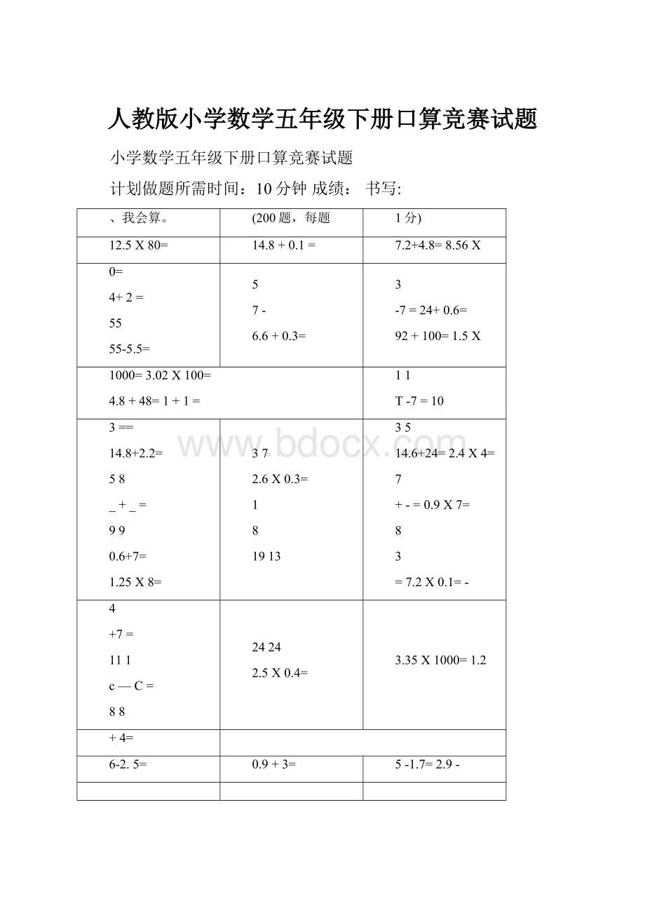 人教版小学数学五年级下册口算竞赛试题.docx_第1页