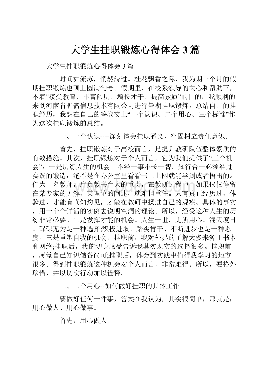 大学生挂职锻炼心得体会3篇.docx