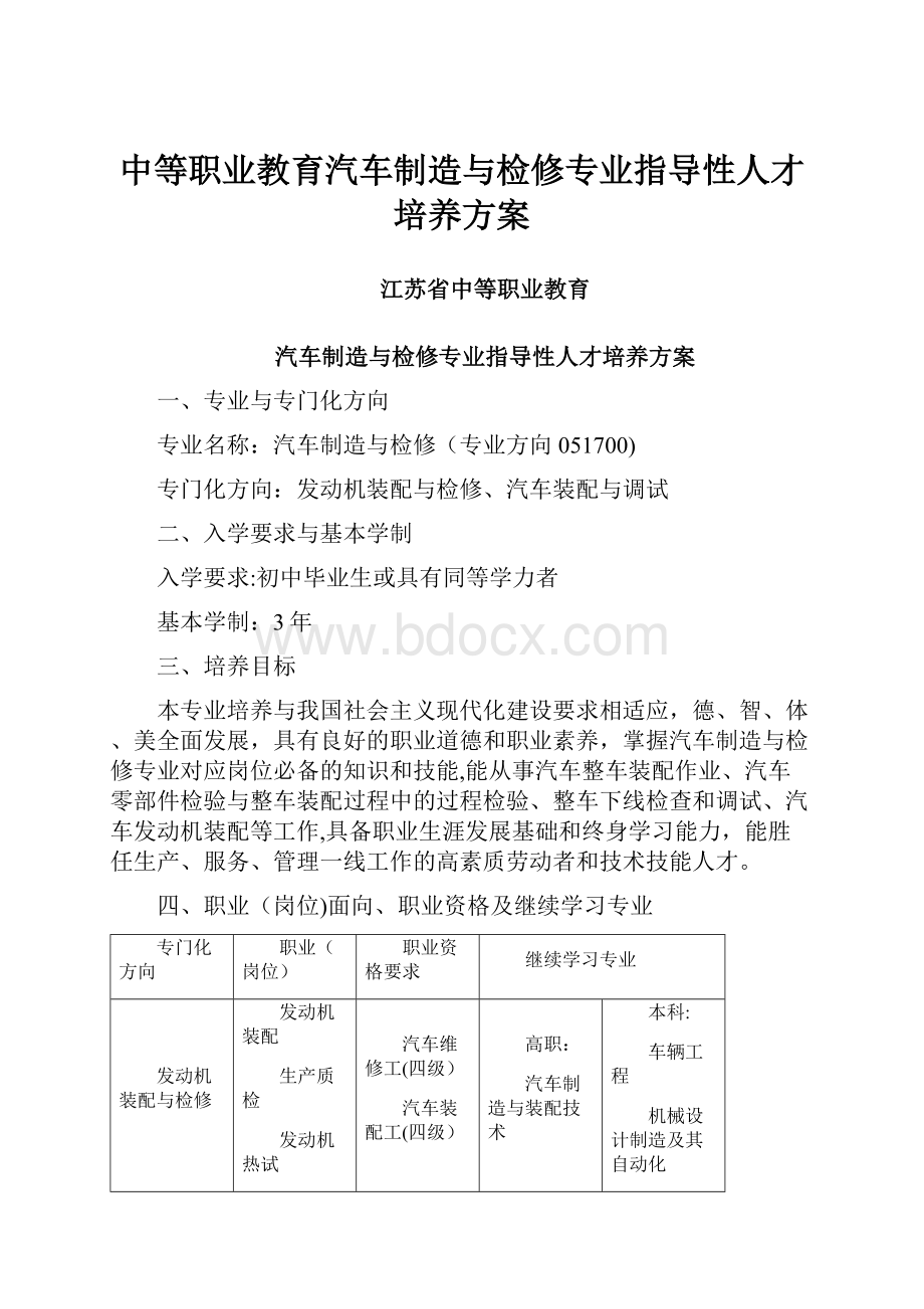 中等职业教育汽车制造与检修专业指导性人才培养方案.docx_第1页