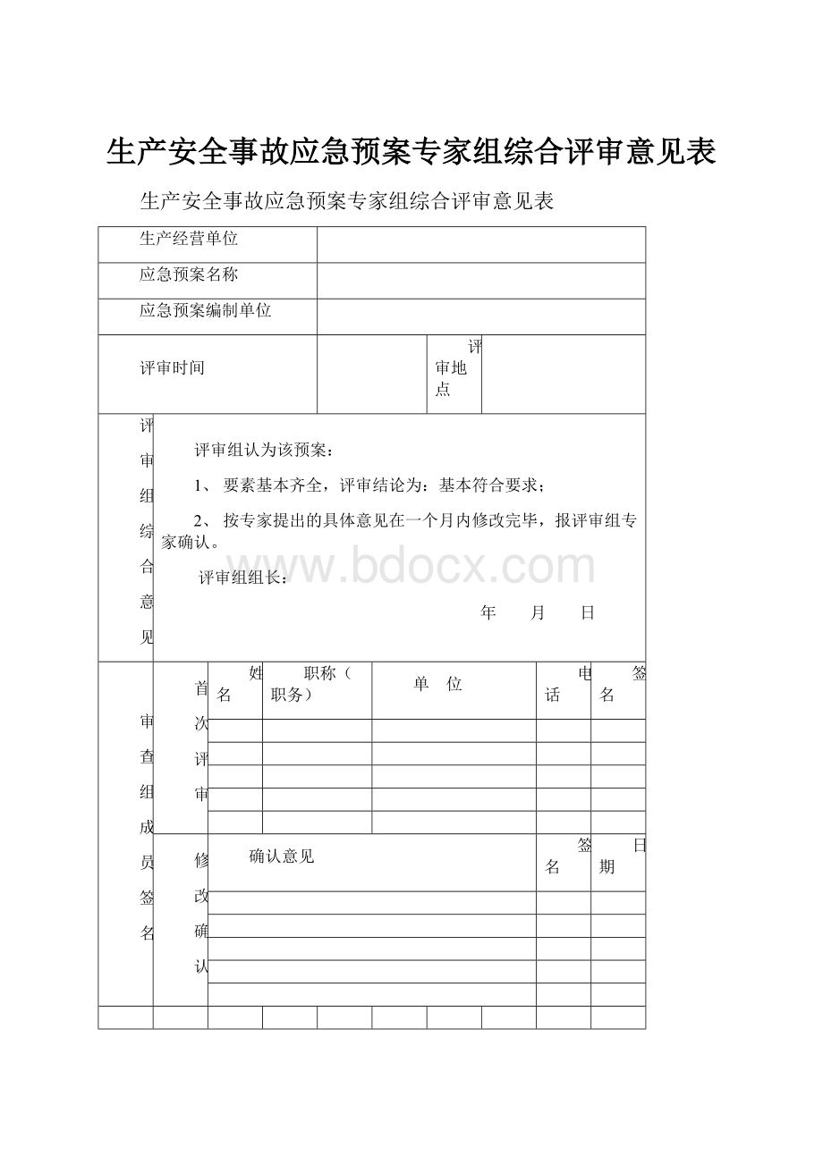 生产安全事故应急预案专家组综合评审意见表.docx_第1页