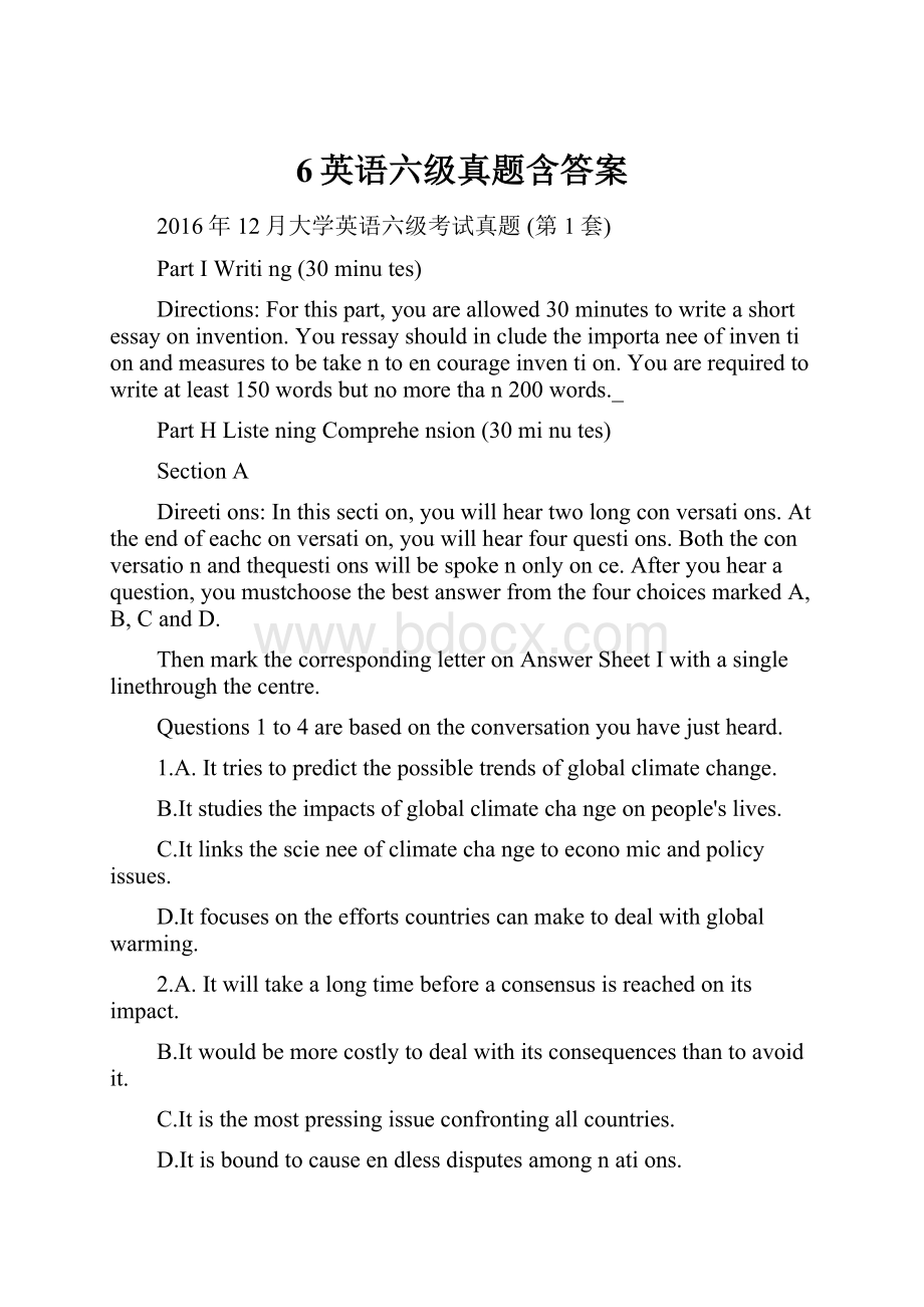 6英语六级真题含答案.docx