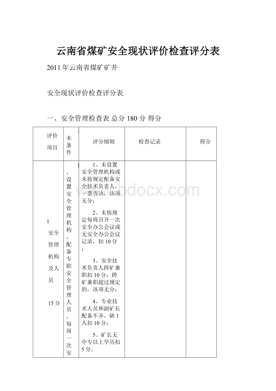 云南省煤矿安全现状评价检查评分表.docx_第1页