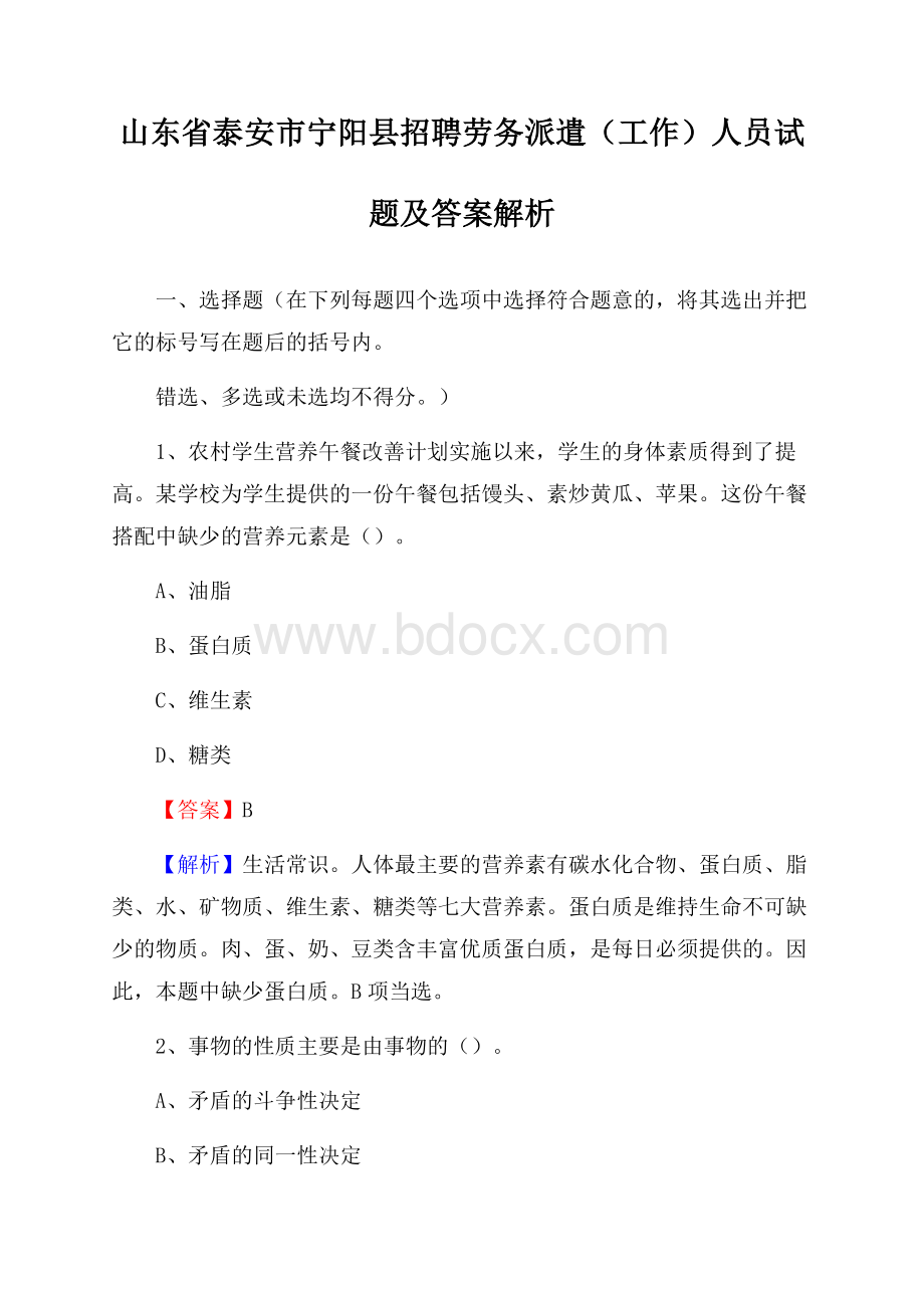 山东省泰安市宁阳县招聘劳务派遣(工作)人员试题及答案解析.docx