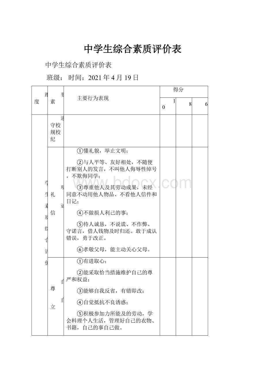 中学生综合素质评价表.docx