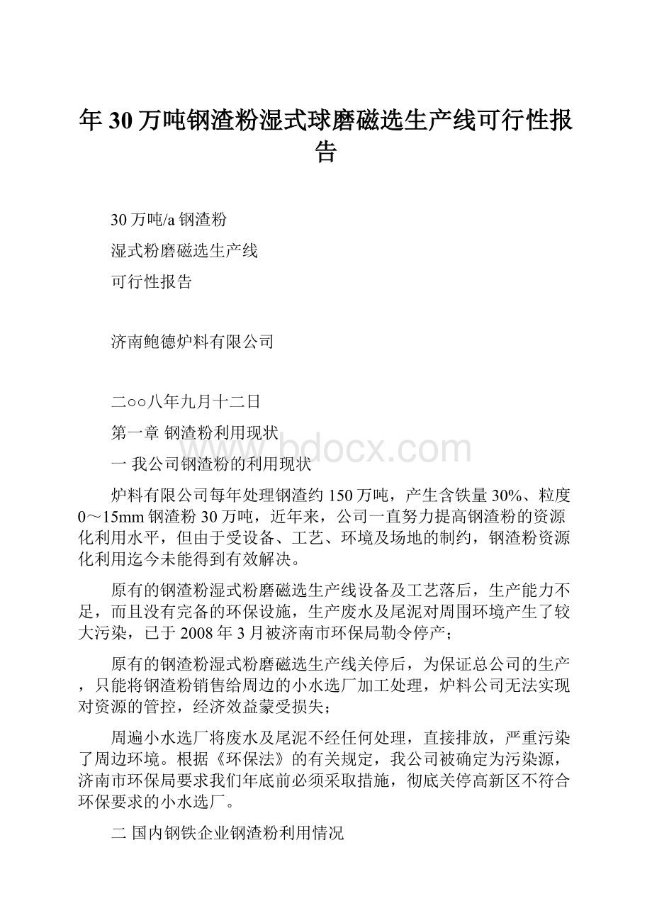 年30万吨钢渣粉湿式球磨磁选生产线可行性报告.docx_第1页