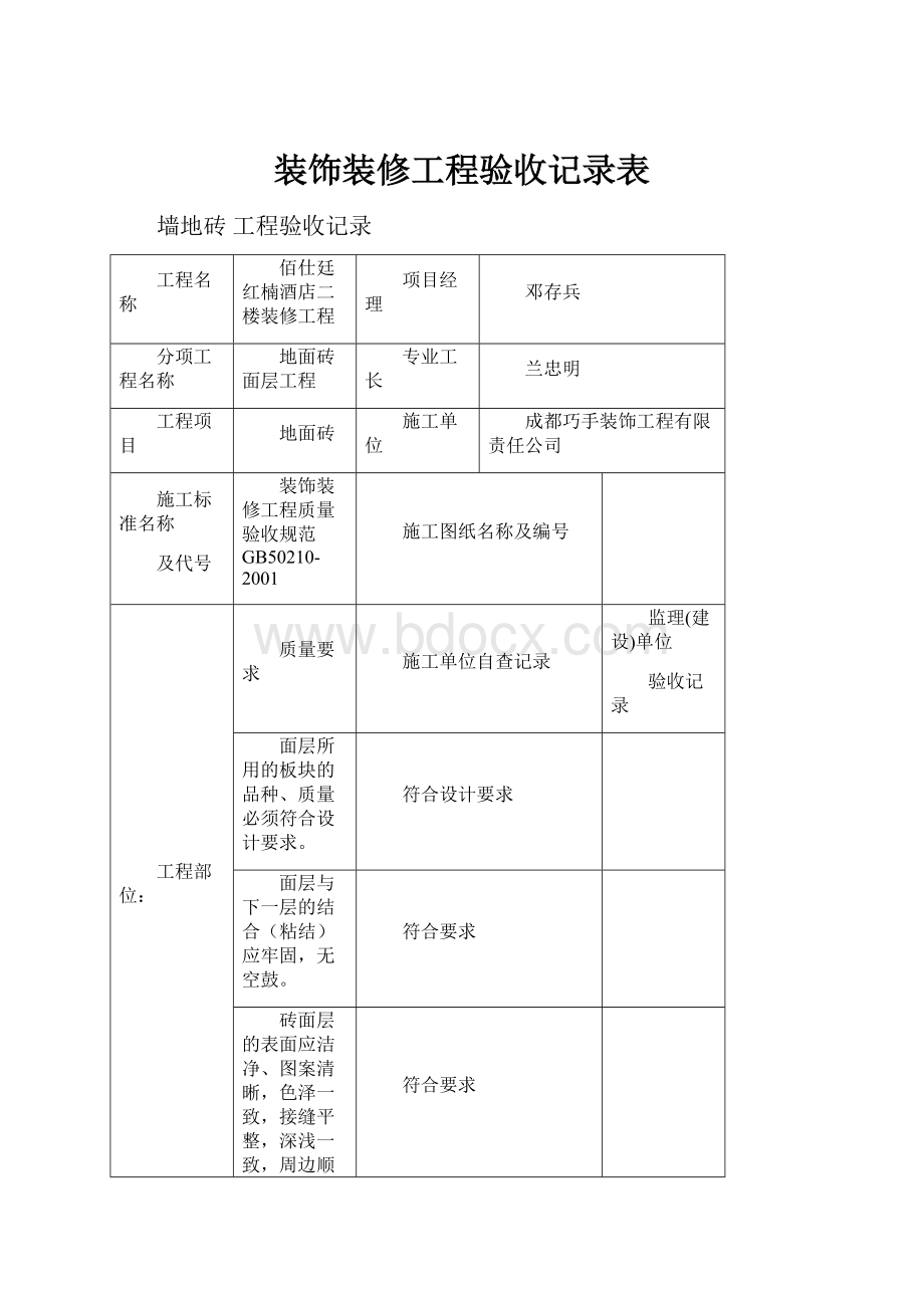 装饰装修工程验收记录表.docx_第1页