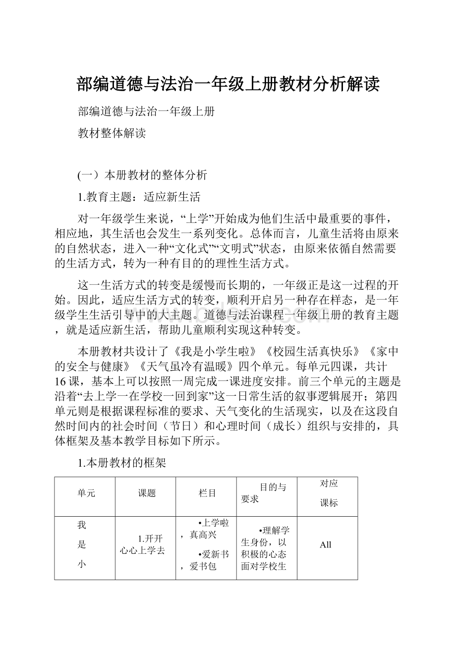 部编道德与法治一年级上册教材分析解读.docx