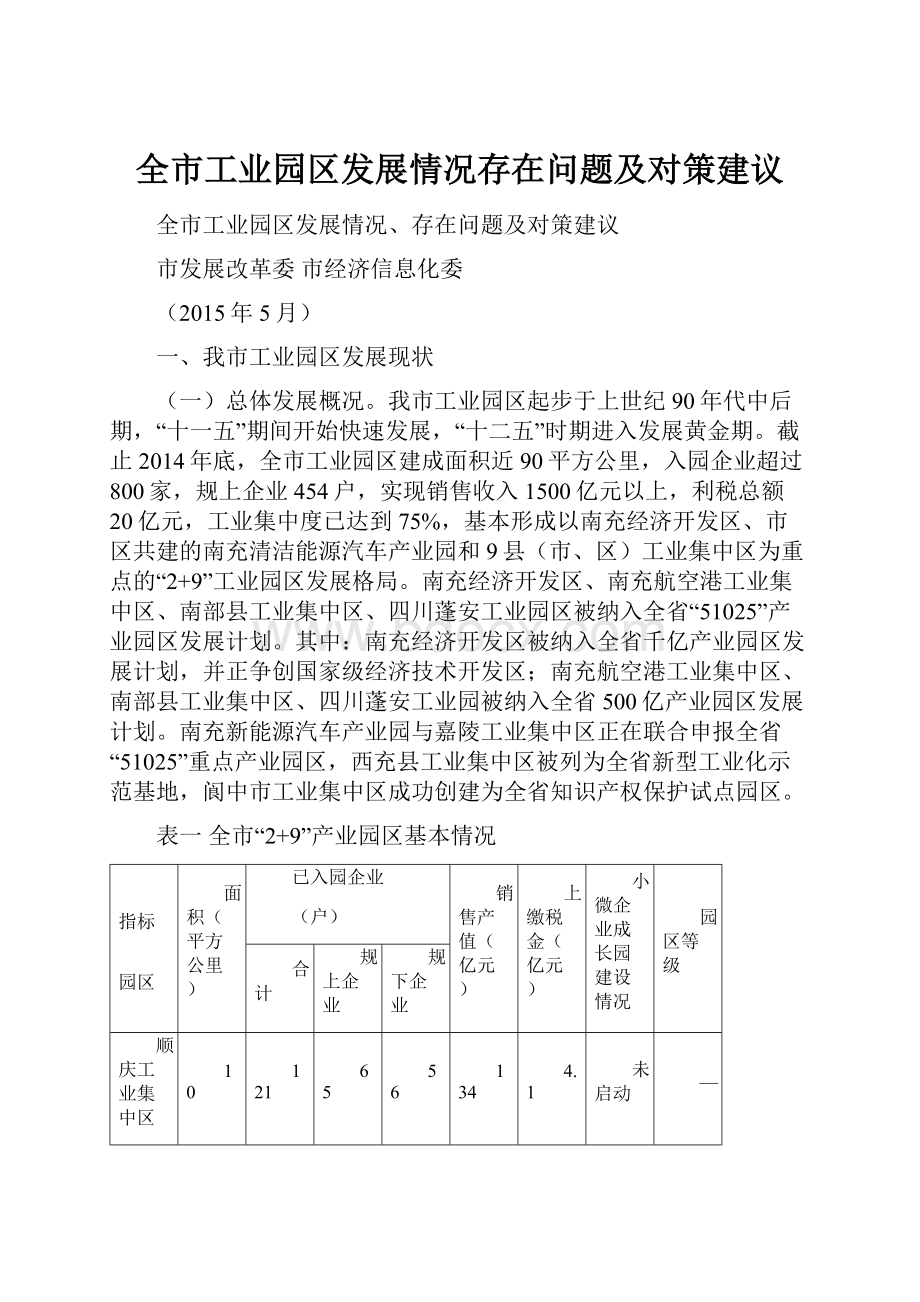 全市工业园区发展情况存在问题及对策建议.docx