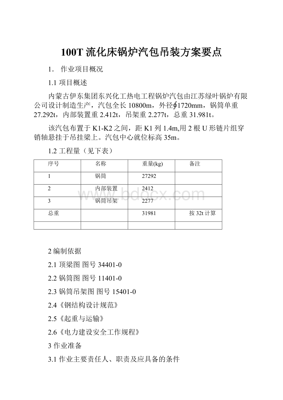 100T流化床锅炉汽包吊装方案要点.docx_第1页