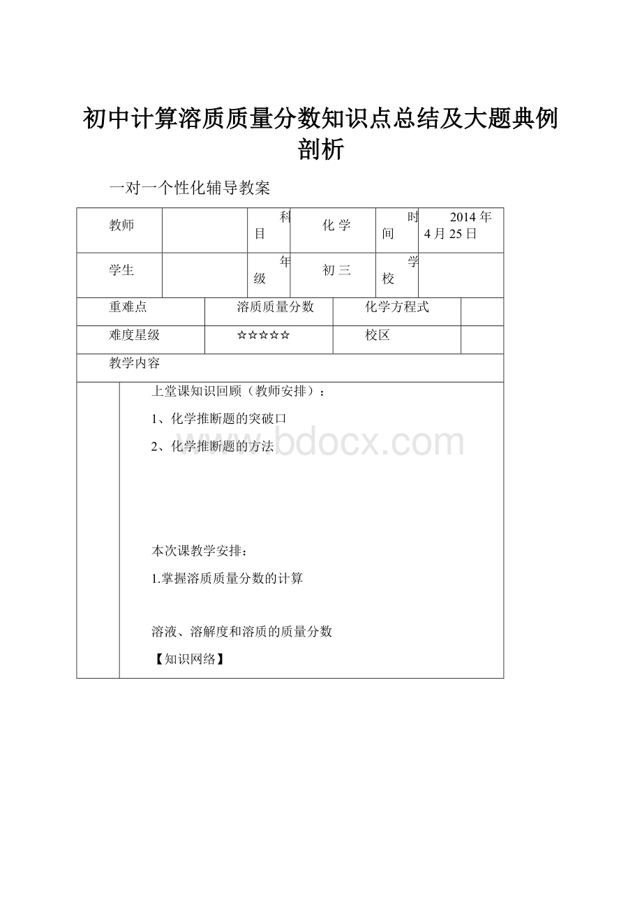 初中计算溶质质量分数知识点总结及大题典例剖析.docx