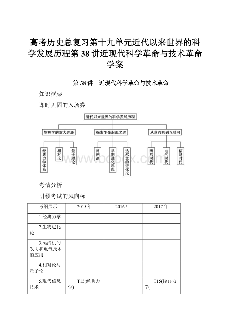 高考历史总复习第十九单元近代以来世界的科学发展历程第38讲近现代科学革命与技术革命学案.docx_第1页