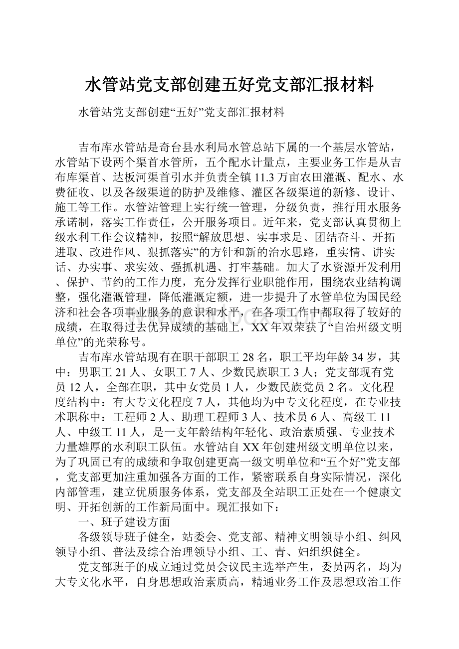 水管站党支部创建五好党支部汇报材料.docx