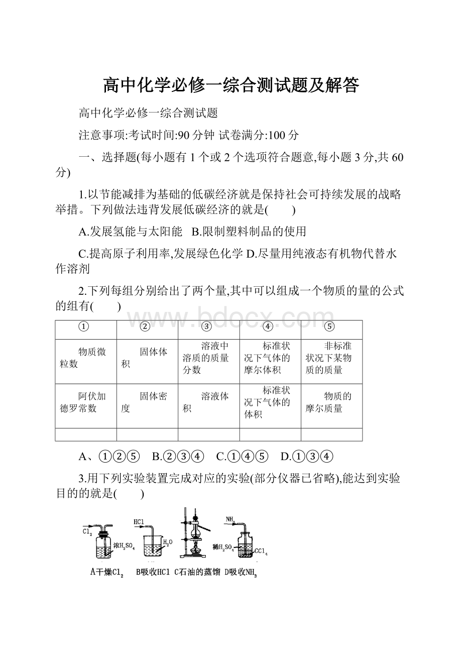 高中化学必修一综合测试题及解答.docx_第1页