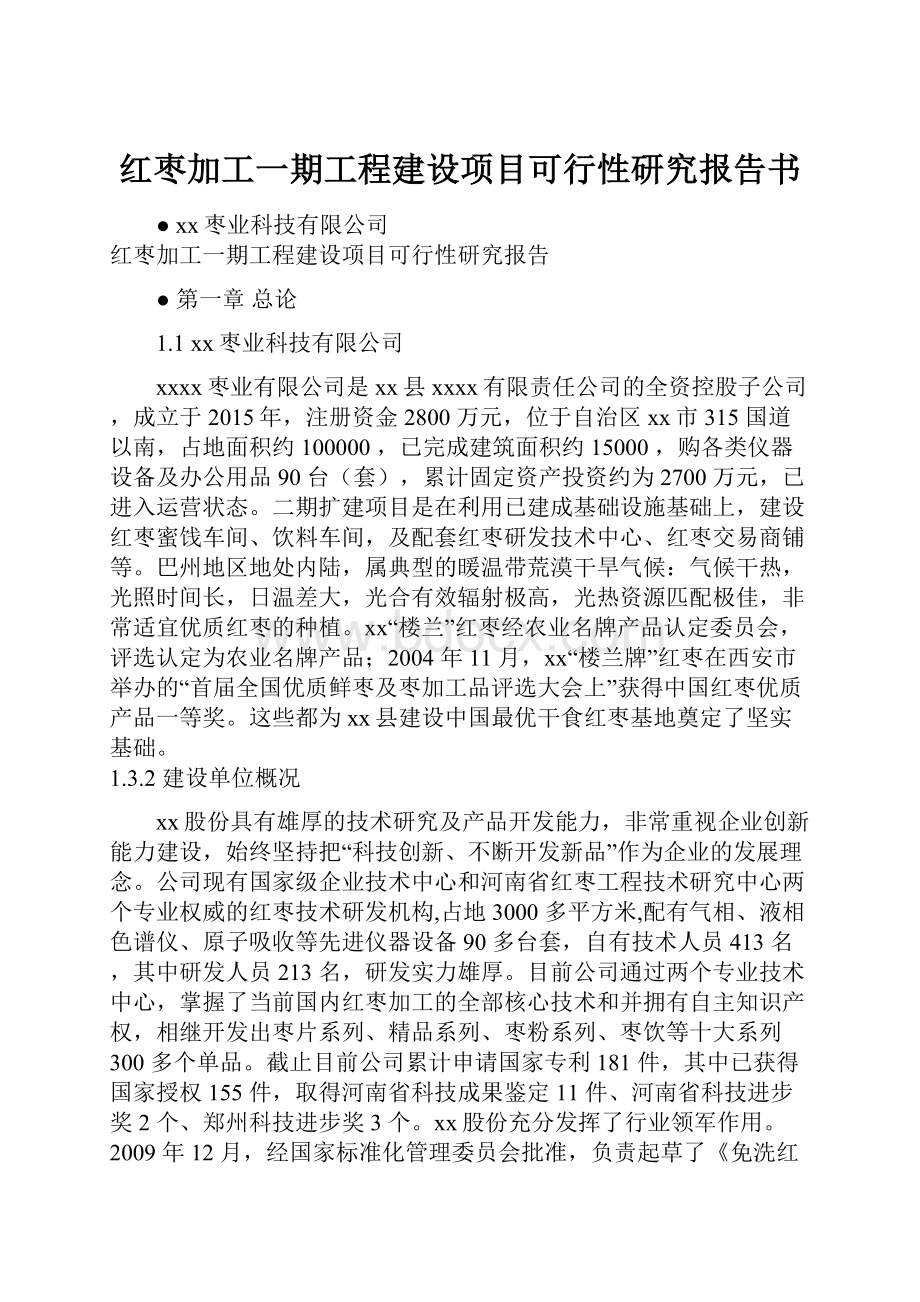 红枣加工一期工程建设项目可行性研究报告书.docx_第1页