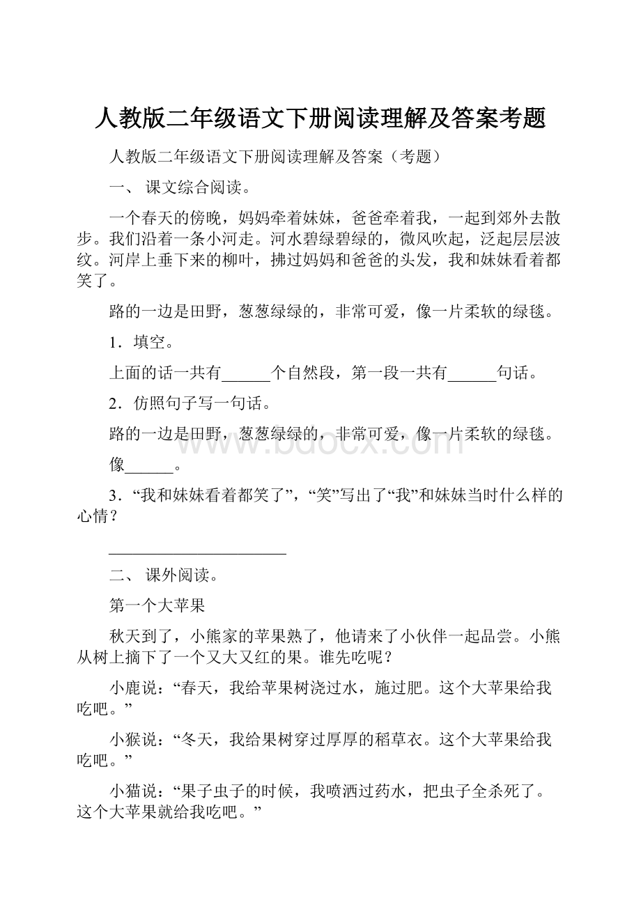 人教版二年级语文下册阅读理解及答案考题.docx