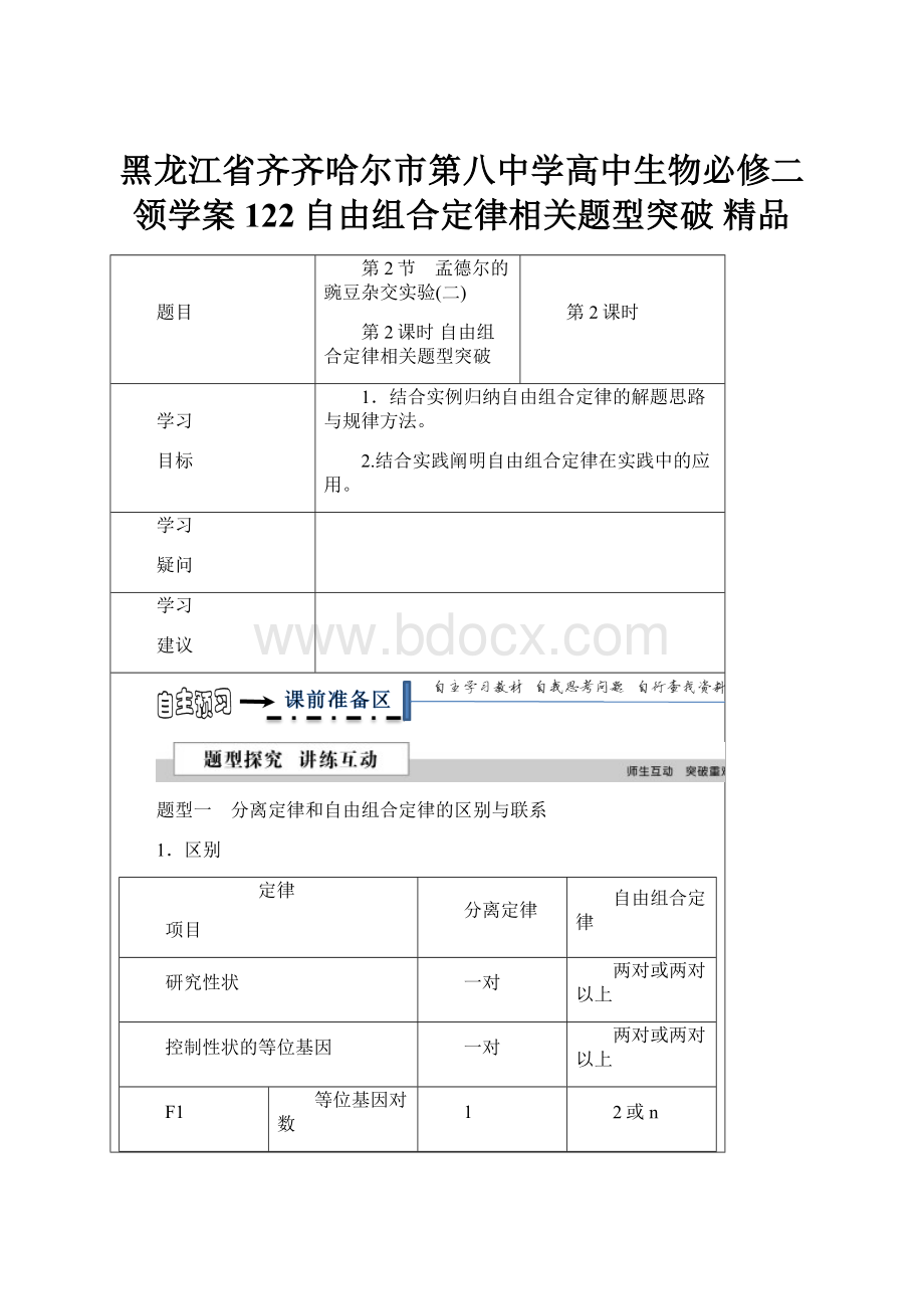 黑龙江省齐齐哈尔市第八中学高中生物必修二领学案122自由组合定律相关题型突破 精品.docx