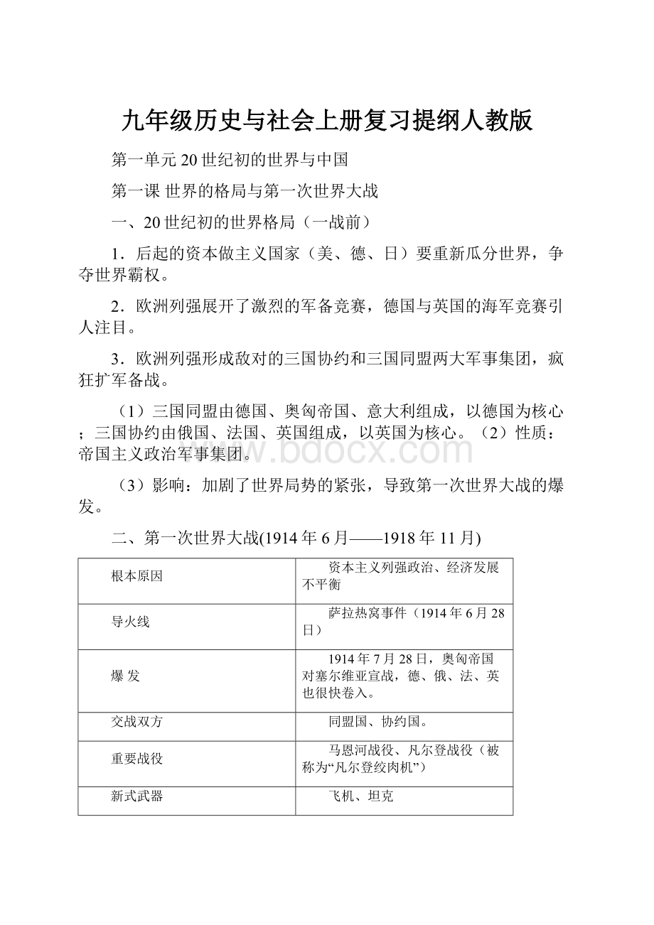 九年级历史与社会上册复习提纲人教版.docx