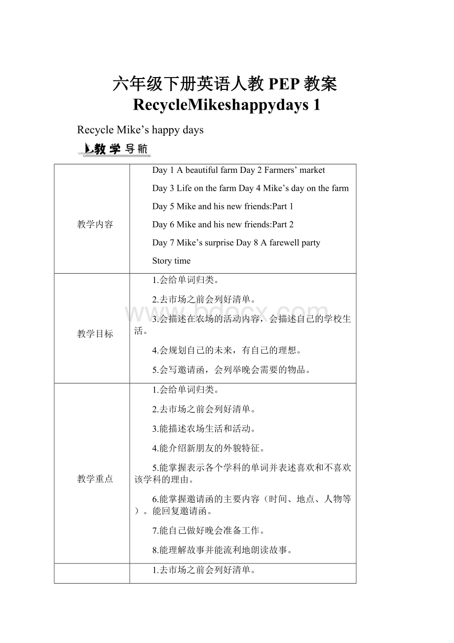 六年级下册英语人教PEP教案RecycleMikeshappydays 1.docx_第1页