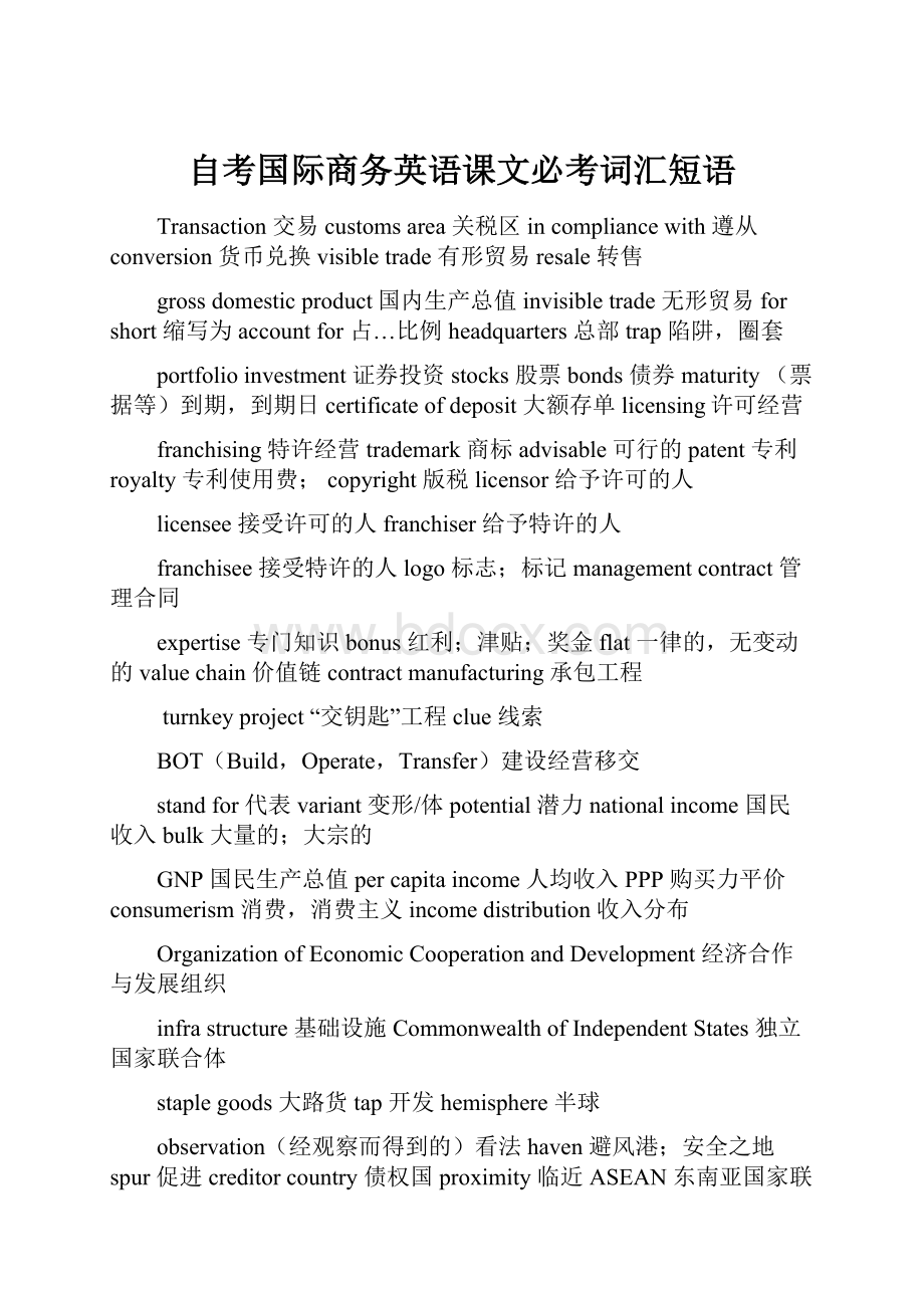 自考国际商务英语课文必考词汇短语.docx_第1页