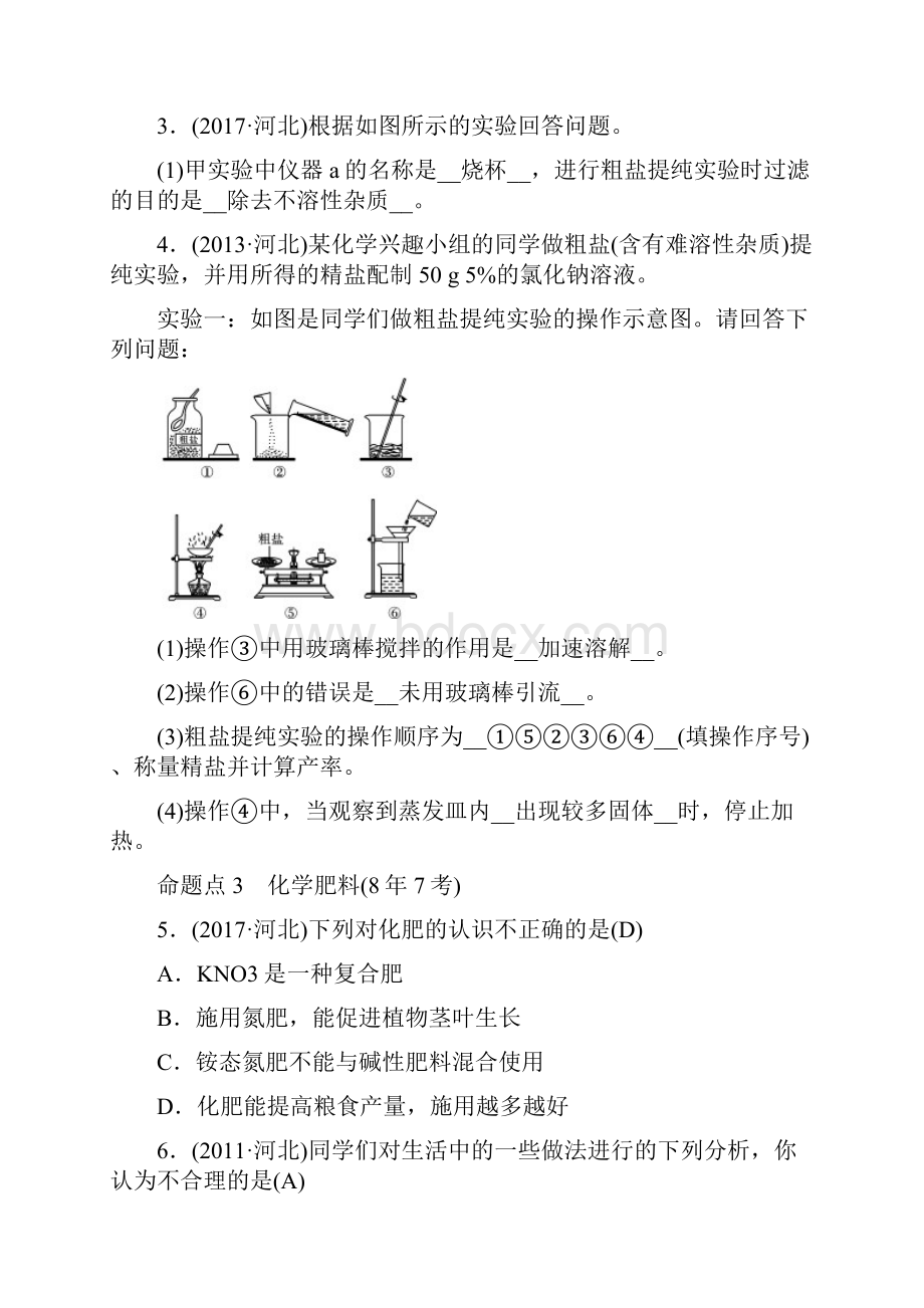 复习必备河北专版中考化学复习 主题一 身边的化学物质 第8讲 盐 化学肥料练习.docx_第2页