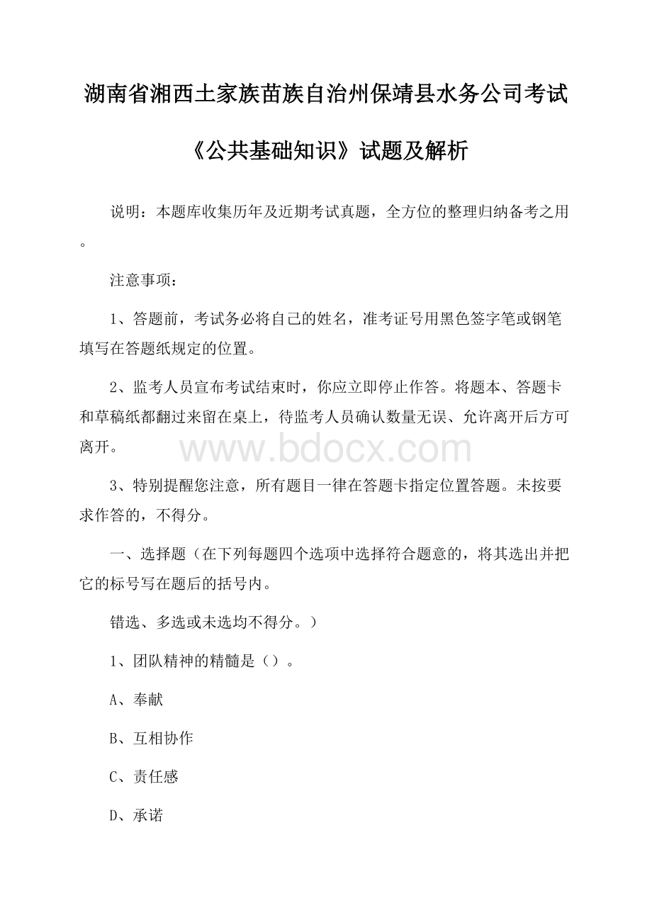 湖南省湘西土家族苗族自治州保靖县水务公司考试《公共基础知识》试题及解析.docx