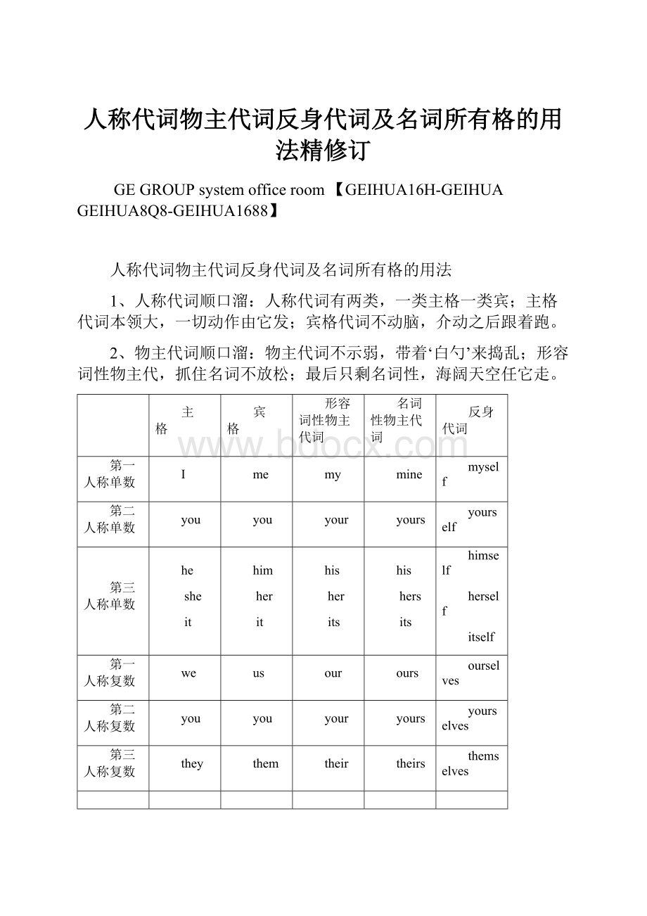 人称代词物主代词反身代词及名词所有格的用法精修订.docx_第1页