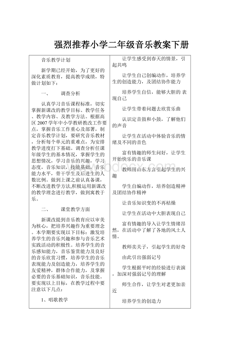 强烈推荐小学二年级音乐教案下册.docx