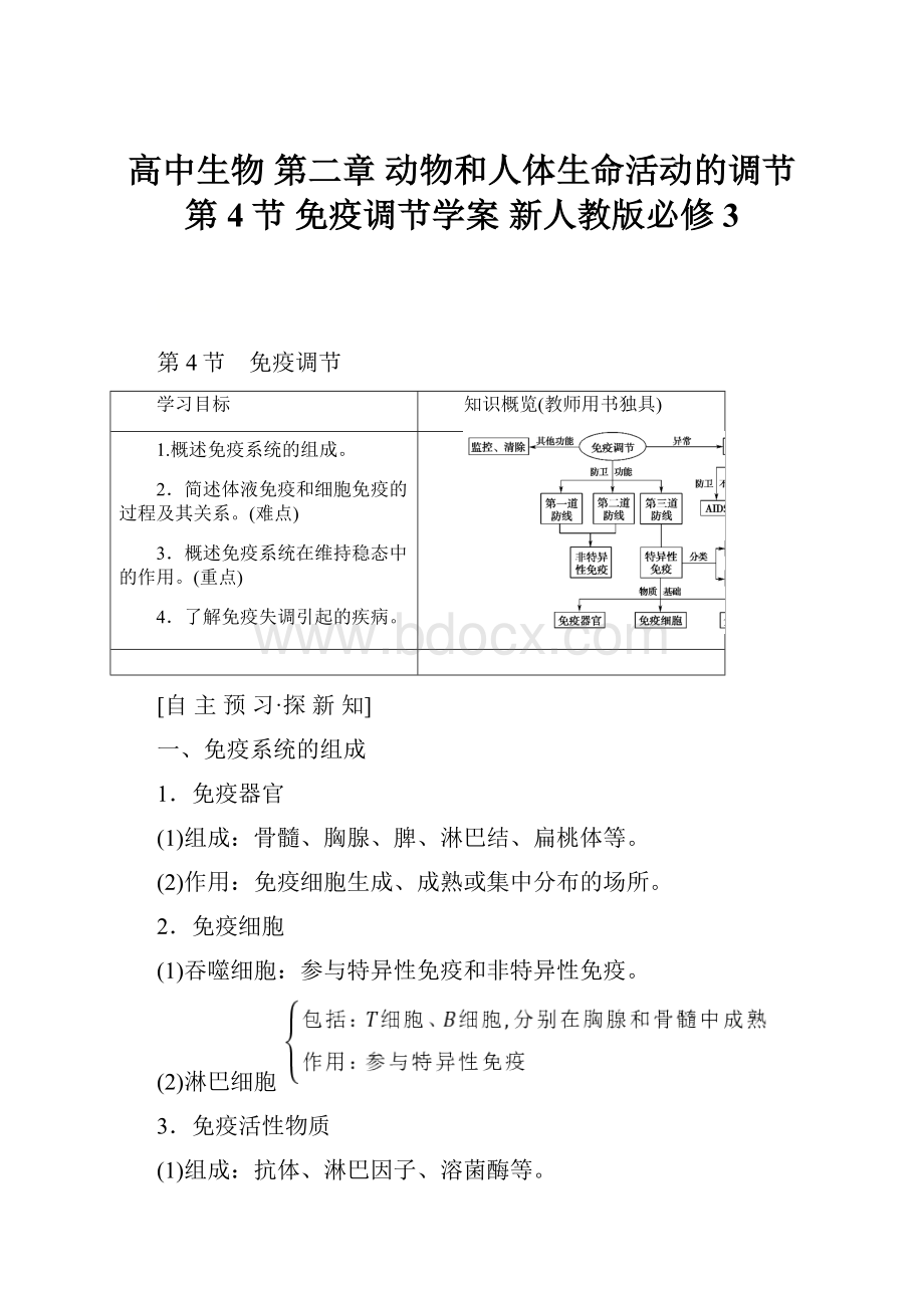 高中生物 第二章 动物和人体生命活动的调节 第4节 免疫调节学案 新人教版必修3.docx