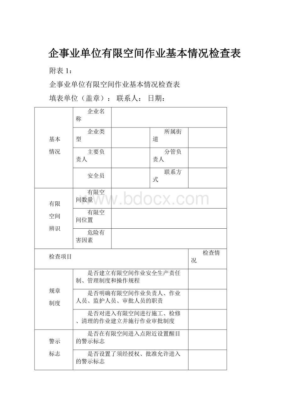 企事业单位有限空间作业基本情况检查表.docx