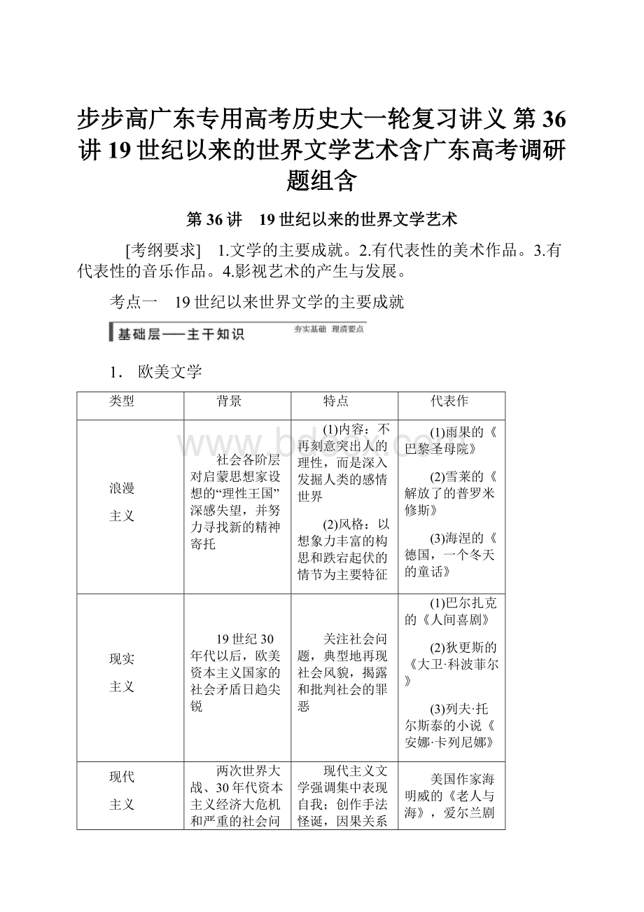 步步高广东专用高考历史大一轮复习讲义 第36讲 19世纪以来的世界文学艺术含广东高考调研题组含.docx_第1页